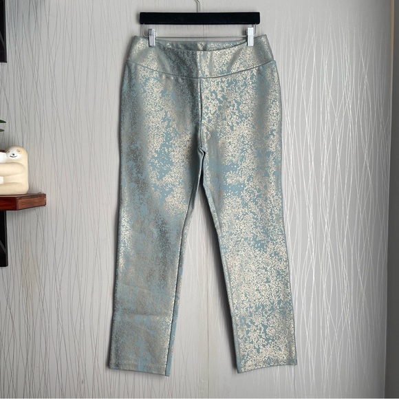 Soft Surroundings Pants Women’s Medium Palladium Blue Gold Patterned Ponte - Picture 2 of 10